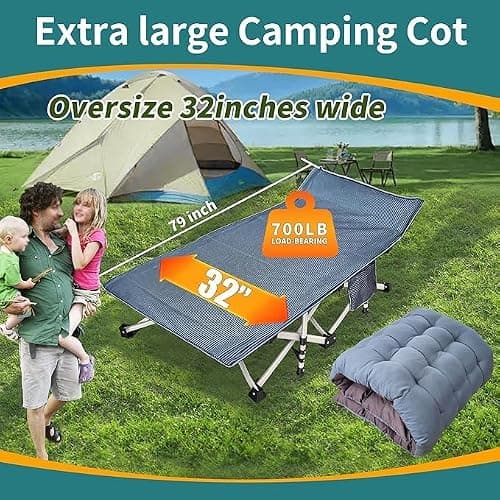 NESDCC 79" L x 32" W x 18" H Oversize XXL Camping Cot with Comfortable Mattress for Adults Extra Wide Cots for Sleeping Folding Cot Camping Bed Heavy Duty with Carry Bag for Home Office Outdoor