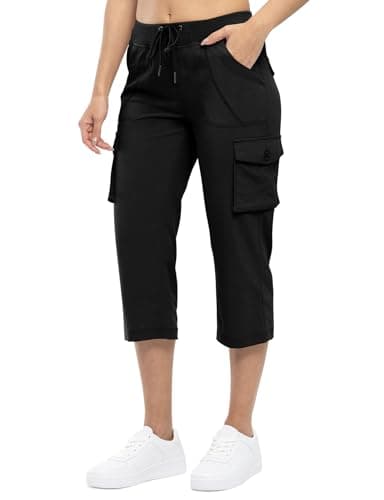TBMPOY Womens Cargo Capris Hiking Lightweight Pants 6 Pockets Quick Dry Casual Outdoor Trip Loose Shorts Cropped Cotton Black L