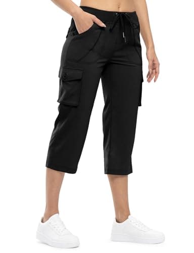TBMPOY Womens Cargo Capris Hiking Lightweight Pants 6 Pockets Quick Dry Casual Outdoor Trip Loose Shorts Cropped Cotton Black L
