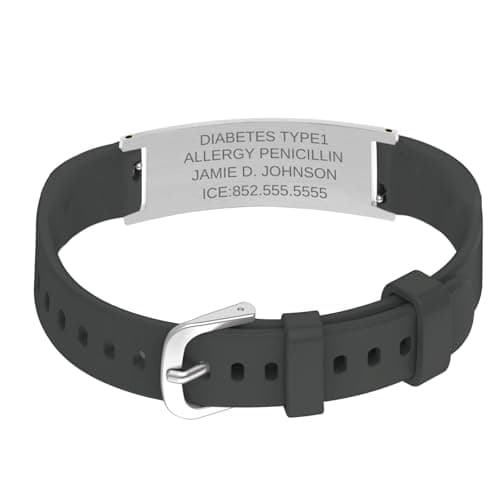 Hdtnhi Personalized Silicone Medical ID Bracelets for Women.Customized Stainless Steel Emergency Alert Bracelet Medic Bracelet. Adjustable in size.
