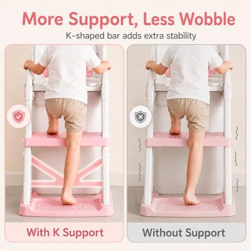 Vorykido Potty Training Seat, 2 in 1 Potty Training Toilet with Step Stool for Boys Girls, Toddler Toilet Seat with Stabilizer Crossbar, Anti-Slip Pads and Splash Guard, Pink