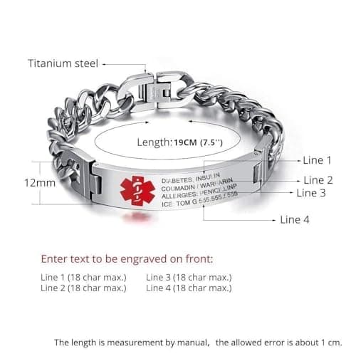 Personalized Medical Alert Bracelet for Men & Women: Free Engraving Stainless Steel Emergency ID Wristband Custom Medic ID Bracelet for Husband Dad, Size 7.5-9.5 inches, Durable & Comfortable
