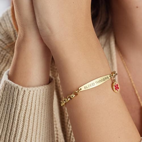 Medical Alert ID Bracelet for Women, Stylish Customizable Medic Jewelry,18k Gold, Rose Gold, Silver, Personalized Engraving, Hypoallergenic, Waterproof, Includes Gift Box & Med ID Wallet Card