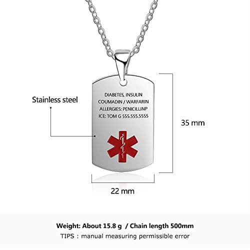Medical Alert Pendant Necklace for Men Women Custom Engraved Name ID Tag Stainless Steel Emergency Med Alert Necklace for Men Women Medical Alert Jewelry