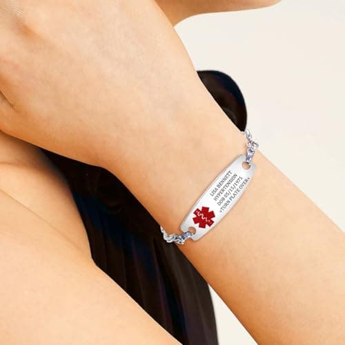 MOTICIUS Personalized Medical Alert Bracelets for Women Custom Medical Bracelets Stainless Steel Free Engraving Personalized Medic ID Bracelet Wristband for Women Autism Diabetic Epilepsy Asthma (Style 4)