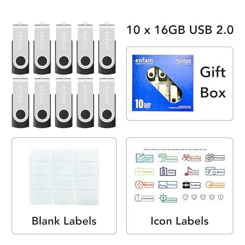 Enfain 16GB USB 2.0 Flash Drive 10 Pack | Swivel Thumb Drives with 31 Labels | Gift-Ready Packaging for Corporate Events, Office & Team Distributions (Black)