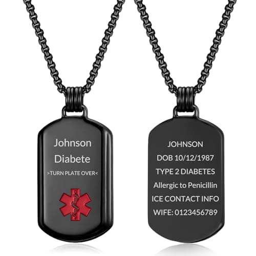 YOUNIFLARE Personalized Medical ID Necklace for Men, Medical Alert Dog Tag Necklace in Stainless Steel with Smooth Pendant for Safety and Style, Custom Keepsake Gift for Men (Black-A)