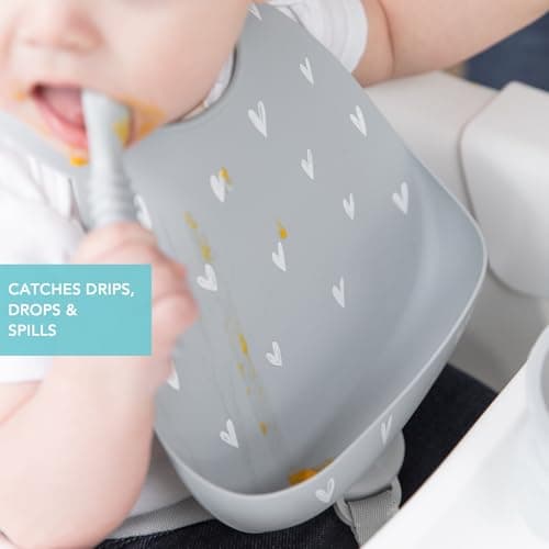Bumkins Bibs, Silicone Pocket for Babies, Baby Bib for Girl or Boy, for 6-24 Months Up to Toddler, Essential Must Have for Eating, Feeding, Baby Led Weaning Supplies, Mess Saving, Gray Hearts