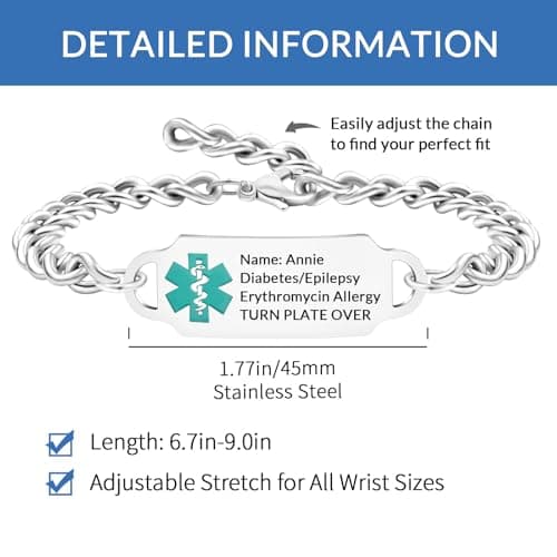 FCPFCP Personalized Medical Alert Bracelets for Women - Free Engraving Customizable Emergency Alert Bracelet Adjustable Medical Jewelry for Diabetes, Epilepsy, Allergies & Heart Conditions (1)