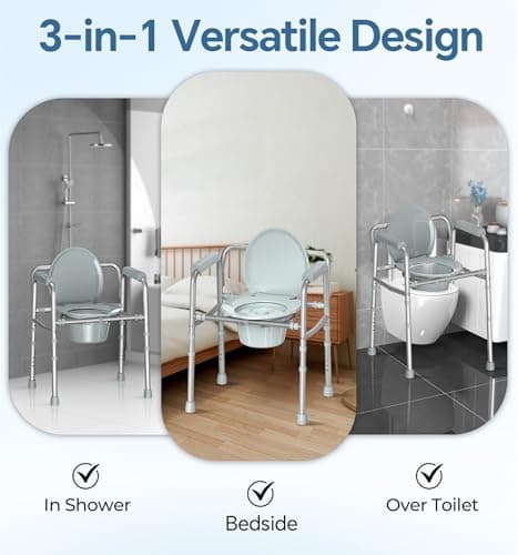HOMLAND 3-in-1 Bedside Commode Chair with Sturdy Dual-Crossbar Support Construction, Stable Portable Commode Toilet with 7.5Qt Potty Bucket, 350 Lbs Bedside Commodes for Seniors, Silver