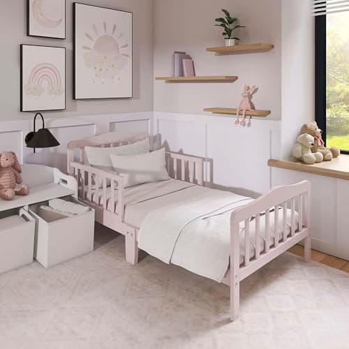 Dream On Me Classic Design Toddler Bed in Pink, Low-to-Floor Wooden Bed with Safety Rails, GREENGUARD Gold & BSA Certified, Non-Toxic Finish