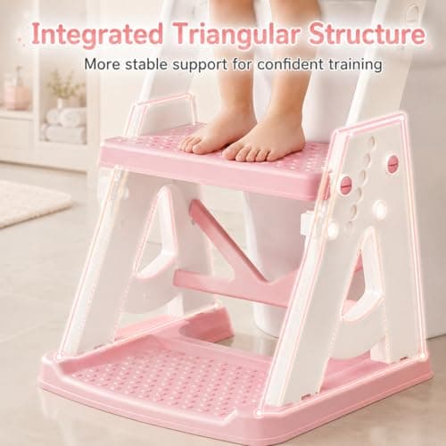 Vorykido Potty Training Seat, 2 in 1 Potty Training Toilet with Step Stool for Boys Girls, Toddler Toilet Seat with Stabilizer Crossbar, Anti-Slip Pads and Splash Guard, Pink