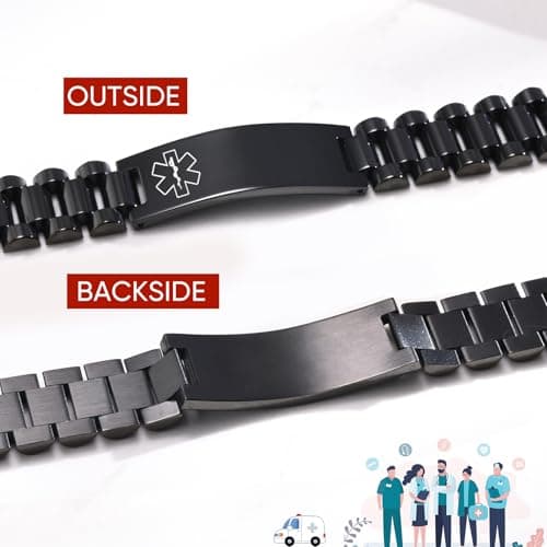 Medical ID Bracelet for Men: Free Engraving Black Masculine Watch Band Style Medical Alert Wristband Personalized Medic ID Bracelet Jewelry for Men