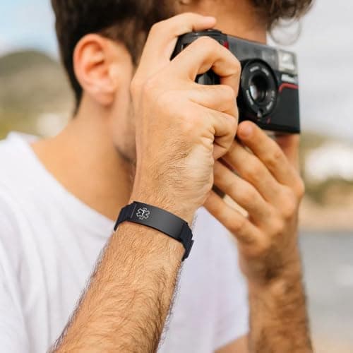 MEALGUET Comfortable Medical ID Bracelet for Men & Women - Custom Engraved Silicone Strap Comfort Fit Medical Alert Bracelets for Sports,Adjustable Waterproof Customizable ID Wristband,Black/silver
