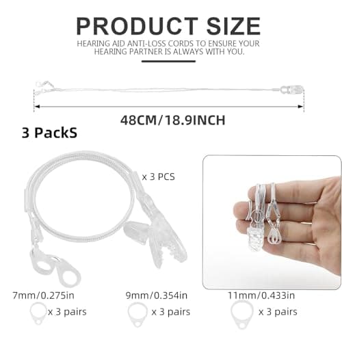 Hearing Aids Clip Holder Portable Hang Rope Anti Lost Hearing Amplifier Lanyard Clips(3 Sets,Includes 7mm/9mm/11mm Silicone Loops * 6)