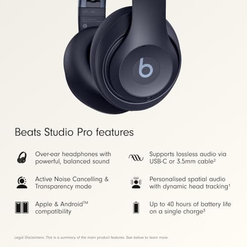 Beats Studio Pro Premium Wireless Over-Ear Headphones- Up to 40-Hour Battery Life, Active Noise Cancelling, Great for Travel & Commuting, USB-C Lossless Audio, Apple & Android Compatible - Navy