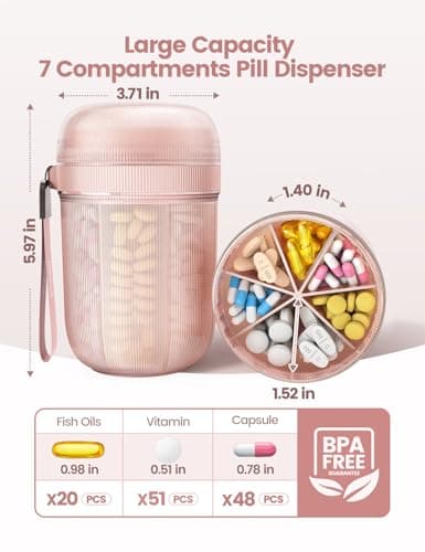 Large Sealed Pill Organizer with Desiccant, Light-Proof Moisture-Proof Pill Bottle with 7 Large Compartments, Anti-Mixing Touch-Free Pill Dispenser, BPA-Free Vitamin Organizer with Handle, Rose Gold