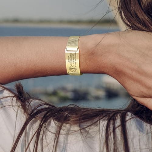 YOUNIFLARE Personalized Medical Info Bracelet with Laser-Engraved Tag and Adjustable Milanese Mesh Band in Premium Stainless Steel, Custom Safety Gift for Men and Women (Gold)