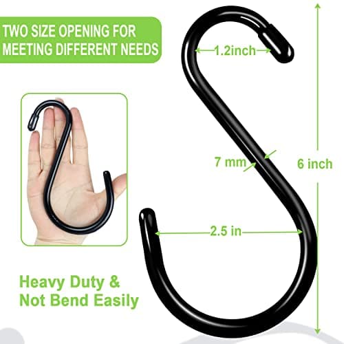 DINGEE 6 Inch Heavy Duty S Hooks, Large S Hook for Hanging Plants, Vinyl Coated S Hook 6 Pack Sturdy Non Slip Black S Hooks for Hanging Closet,Bird Feeders,Kitchen,Large Object,Garden Tools