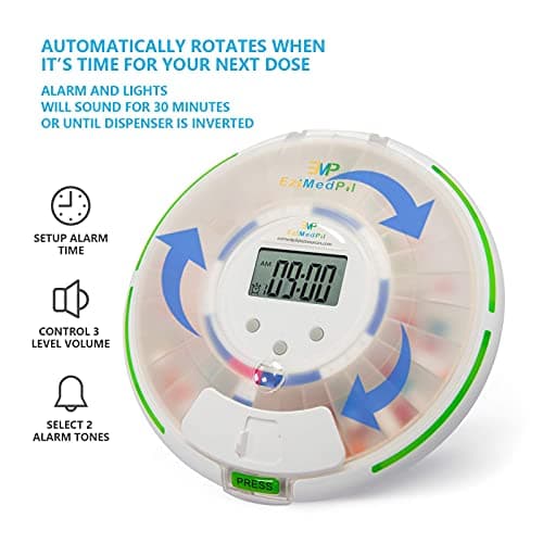 EziMedPil Automatic Pill Dispenser with Alarm, Sound & Light, up to 6 Alarms/Day, 6 Dosage Templates, Easy-Read Display, Frosted Lid & Locked 28-Day Medication Dispenser for Protecting Pills Privacy