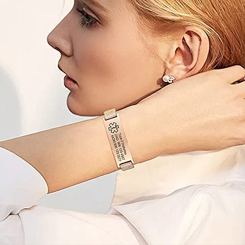VNOX Medical Alert Bracelets for Men & Women with Free Engraving Adjustable Stainless Steel Mesh Emergency Medical ID Bracelets Wristband,Rose Gold