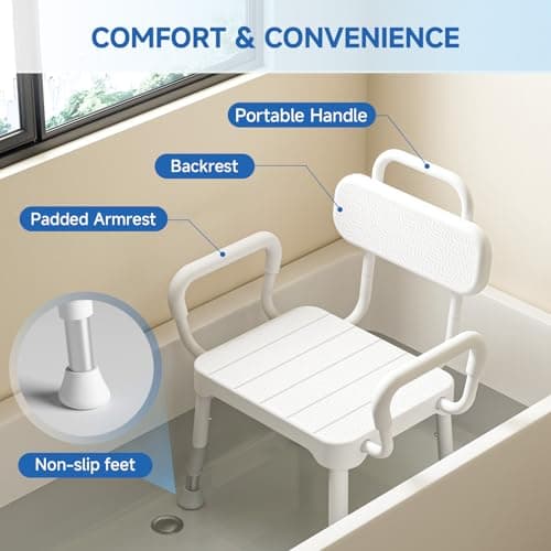Loyoda Shower Chair for Inside Shower,Bath Chair with Arms and Back,Aluminum Shower Stool for Tub,Slip Resistant Shower Bench,Height-Adjustable Shower Seat with Handles for Seniors,Neutral Gray