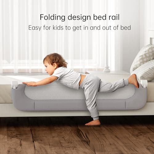 UPGOGO Folding Bed Rail for Toddlers,Baby Bed Rail Guard with Reinforced Anchor Safety System,Fit Bunk,Full Size,Queen,King,Twin(Grey,71"x23.6")