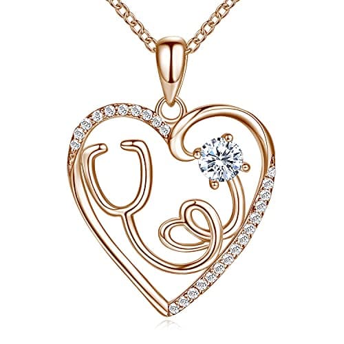AmorAime Nurse Necklace for Women 14K Rose Gold Plated Birthstone Necklaces for Women Medicine Themed Stethoscope Pendant RN for Festival