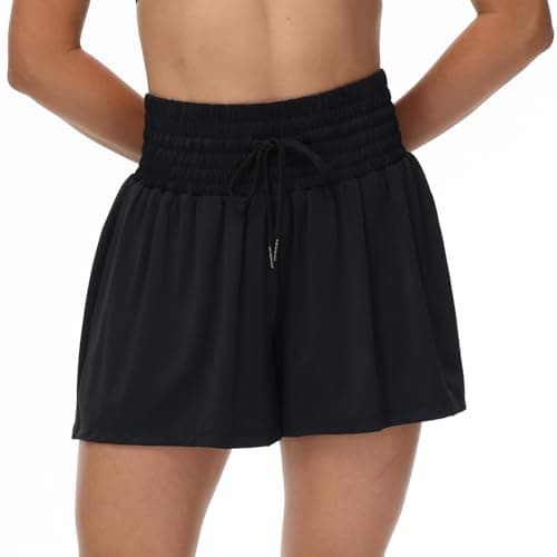 Flowy Athletic Shorts for Women Workout Running Gym Yoga Sport Short Pants Sweat Tennis Skirt Skort High Waisted with Pockets Biker Spandex Cute Comfy Lounge Trendy Clothes Casual Summer Black L
