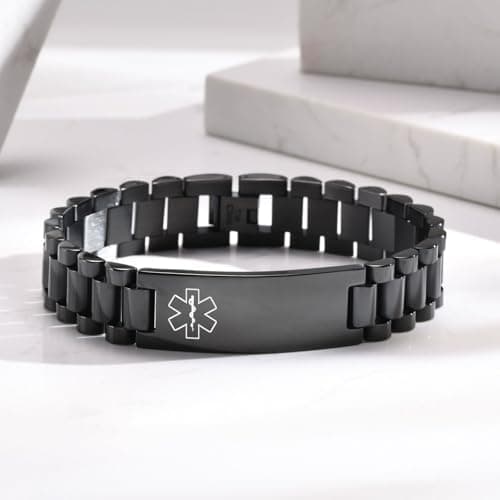 Medical ID Bracelet for Men: Free Engraving Black Masculine Watch Band Style Medical Alert Wristband Personalized Medic ID Bracelet Jewelry for Men