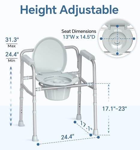 HOMLAND 3-in-1 Bedside Commode Chair with Sturdy Dual-Crossbar Support Construction, Stable Portable Commode Toilet with 7.5Qt Potty Bucket, 350 Lbs Bedside Commodes for Seniors, Silver