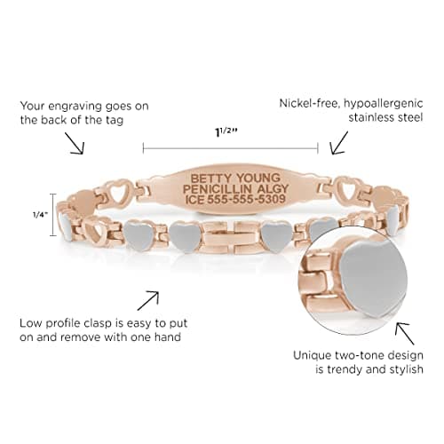 Medical Alert Bracelets For Women, Stainless Steel Gold and Silver Heart Link Bracelet, Free Custom Engraving, 1 Year Warranty, Stylish and Waterproof, Lauren's Hope Medical ID, 7.25 inch, no gemstone