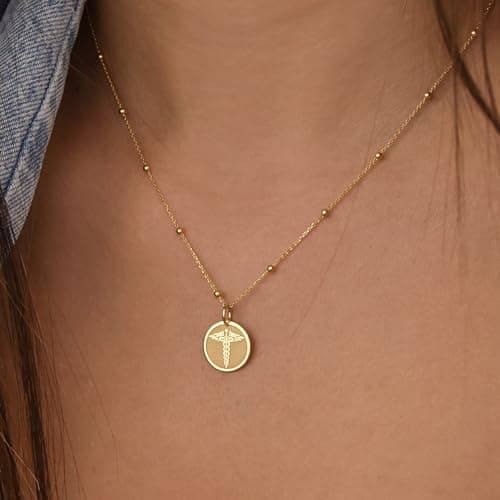 14K Gold The Caduceus Necklace | Medical Symbol Charm | Dainty Caduceus Medallion | Personalized Medic Coin Pendant | Medical Jewelry | Gift for Doctor | Medical Alert Symbol Disc | Gift for Nurse