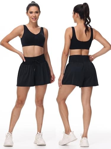 Flowy Athletic Shorts for Women Workout Running Gym Yoga Sport Short Pants Sweat Tennis Skirt Skort High Waisted with Pockets Biker Spandex Cute Comfy Lounge Trendy Clothes Casual Summer Black L
