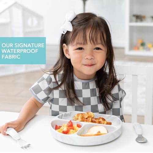 Bumkins Short Sleeve Bib for Girl or Boy, Toddler and Kids for 1-3 Years, Large Size, Essential Must Have for Junior Children, Eating, Mess Saving Soft Fabric Apron for Play, Charcoal Check