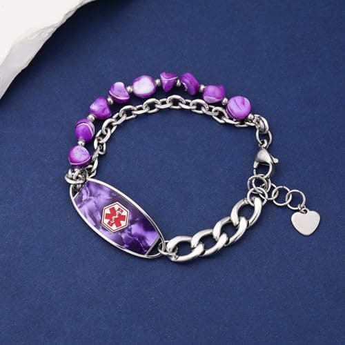 Customizable Medical Alert Bracelets for Women & Men, 2-Layer Purple Shell Beads Chain Medical ID Bracelets, Stainless Steel ID Tag with Free Engraving, Adjustable 6.5-7.5 Inches or 7.5-8.5 Inches