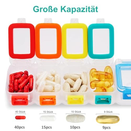 Fullicon Weekly Pill Organizer 7 Day Ultra Moisture and Spill Proof Daily Pill Box, Large Medicine Case with Secure Buckle, Compact Travel Pill Container for Pill, Vitamin, & Fish Oil (Rainbow Clear)