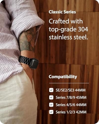 Fullmosa Band Compatible with Apple Watch 44mm 45mm 42mm, Stainless Steel iWatch Band for Apple Watch Se 2 Series 9/8/7/6/5/4/3/2/1(Black, 42mm/44mm/45mm)