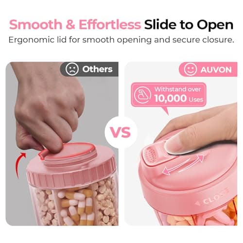 AUVON Portable Pill Dispenser to Store 7 Various Supplements, Travel Pill Organizer Bottle with Anti-Mixing Design, Arthritis-Friendly Pill Container with Wide Opening & Slider Lid, 20 Blank Stickers