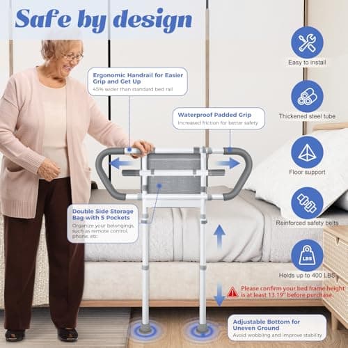 Bedside Rail for Elderly Safety Adjustable Bed Aid with Storage Pocket, Non-Slip Handle,400 lbs Gravity Capacity Gray(Stand-Compatible with Bed Frames 13.19" or Higher)