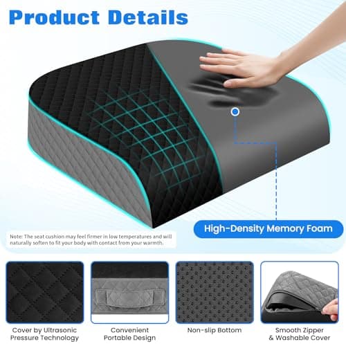 EdenDwell Seat Cushion for Office Chair, Memory Foam Chair Cushions, Car Seat Cushion for Long Sitting, Desk Chair Cushion for Pressure Relief, Non-Slip Bottom, Washable Cover, Large, Black