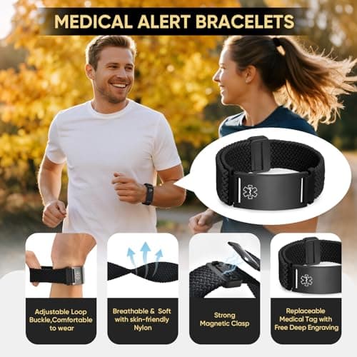 VNOX Medical Alert Id Bracelet for Men Women, Custom Engraving Elastic Braided Stretchy Loop Emergency Survival Medic Bracelets Wristband Loop Band with Replacement Tag,Black