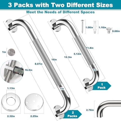 Tetutor 3 Pack Grab Bars for Bathtubs and Showers, 16-Inch and 12-Inch Anti-Slip Bathroom Shower Grab Bars for Seniors Wall, Safety Handicap Grab Bars Stainless Steel,Shower Handle for Elderly