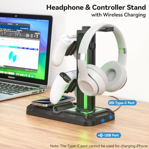 KDD Headphone & Controller Stand with Wireless Charging - Rotatable Headset Stand with 9 Light Modes - Controller Holder with 2 USB and Type C Ports - for Gamers Desktop Accessories