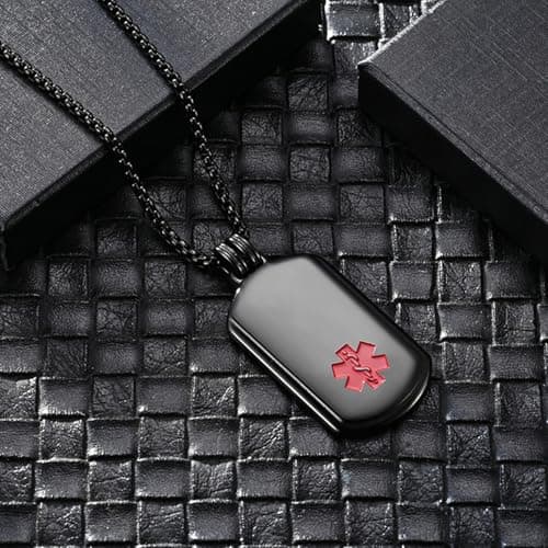 YOUNIFLARE Personalized Medical ID Necklace for Men, Medical Alert Dog Tag Necklace in Stainless Steel with Smooth Pendant for Safety and Style, Custom Keepsake Gift for Men (Black-A)