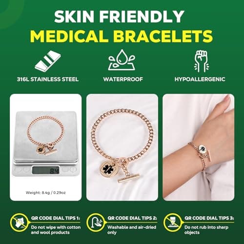 Theluckytag Upgraded QR Code Medical ID Bracelets for Women Medical Alert Bracelet - Sterling Silver 7'' ~9'' Chain Link - More Space Save & Change Emergency Med Info (Updated model-7.08'' Cuban chUpdated model-7.08'' Cuban chain-Rose Redain-Rose Red)