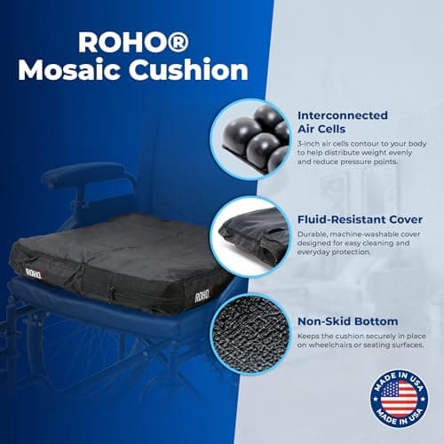 Roho Mosaic Seat Cushion 18” x 16” Inflatable Air Cell Design, Adjustable Firmness, Non-Skid Cover, Lightweight Portable Cushion for Wheelchair, Office Chair, Car & Home