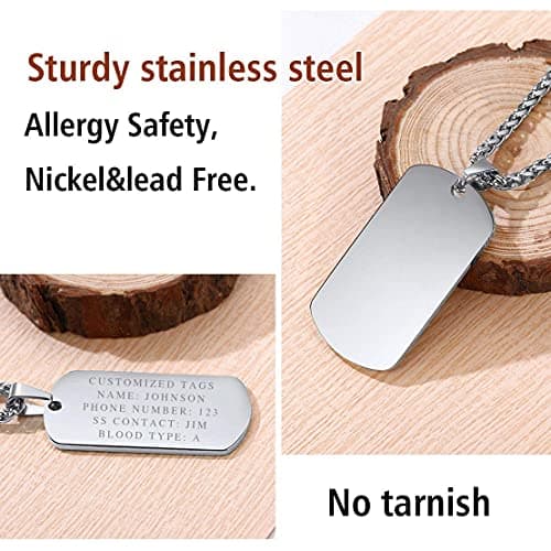 FindChic Dog Tags Personalized Military Custom Necklace for Men Stainless Steel Retirement US Army Marines GI ID Identity Tag Pendant Necklace Jewelry Gift Engraved Name 20inch Spiga Chain