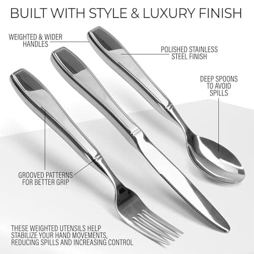 Weighted Utensils for Hand Tremors and Parkinson's Patients - 3 Piece Set Weighted Silverware for Elderly, Arthritis, Weak Hand Grip - Convenient Travel Bag, Stainless Steel, 7 Oz