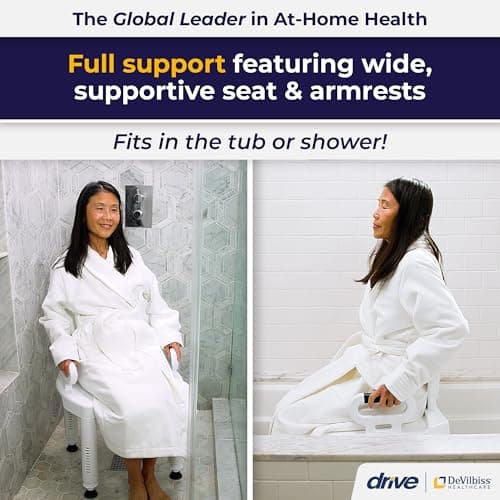 Drive Medical Bathroom Bench with Back & Arms - Adjustable Height - Suction Tip Legs for Stability - Durable Plastic Seat - 350 Lb Capacity - White